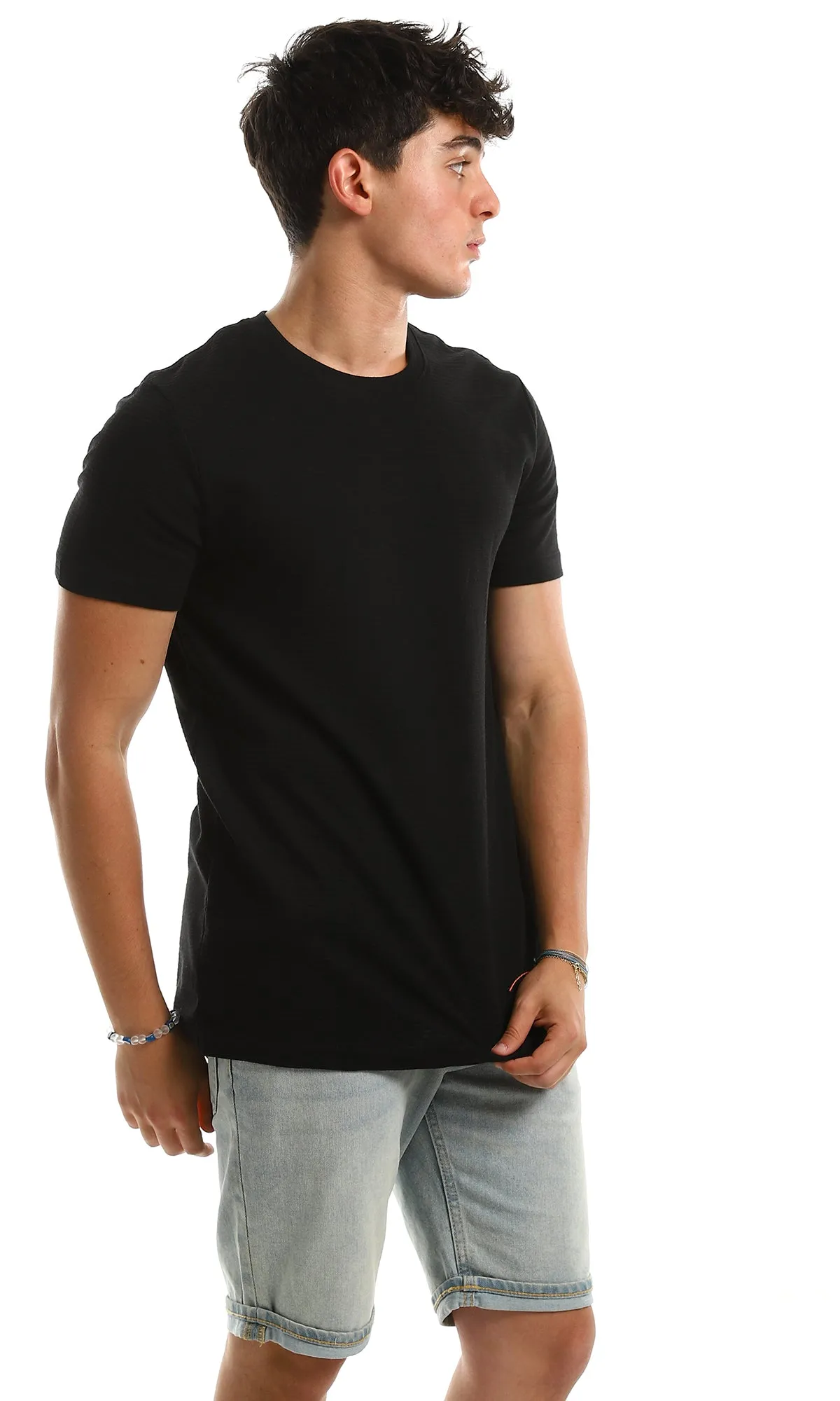 97932 Self Ribbed Slip On Casual Black Tee