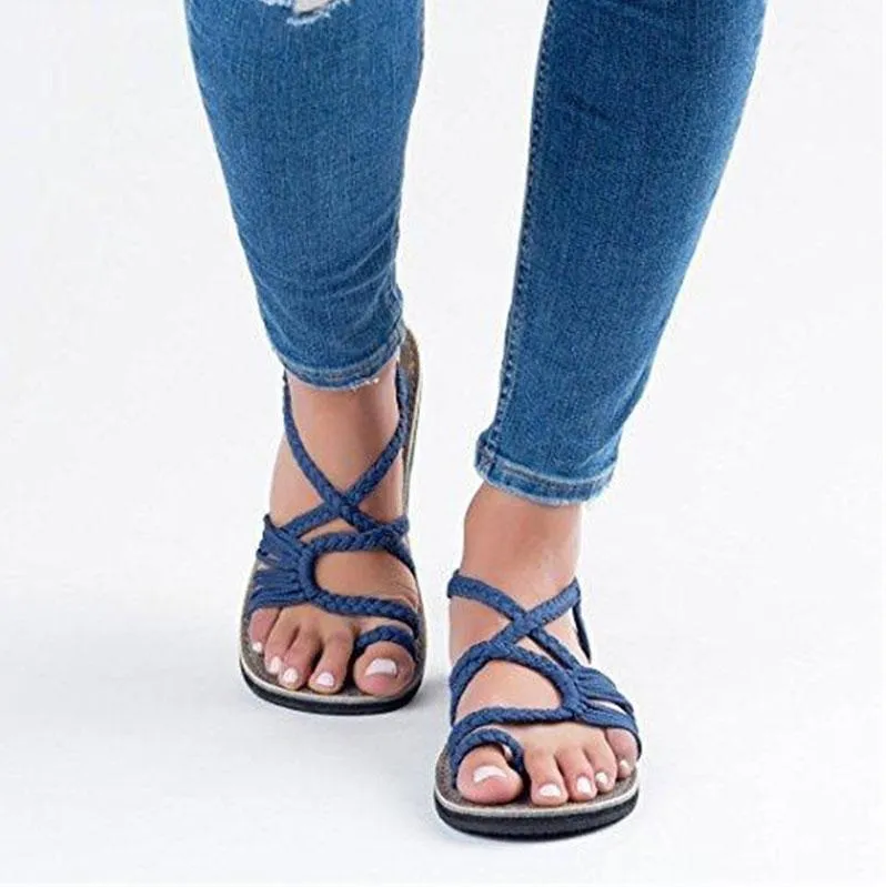 Chicvane Solid Color Braid Criss-Cross Flat Sandals