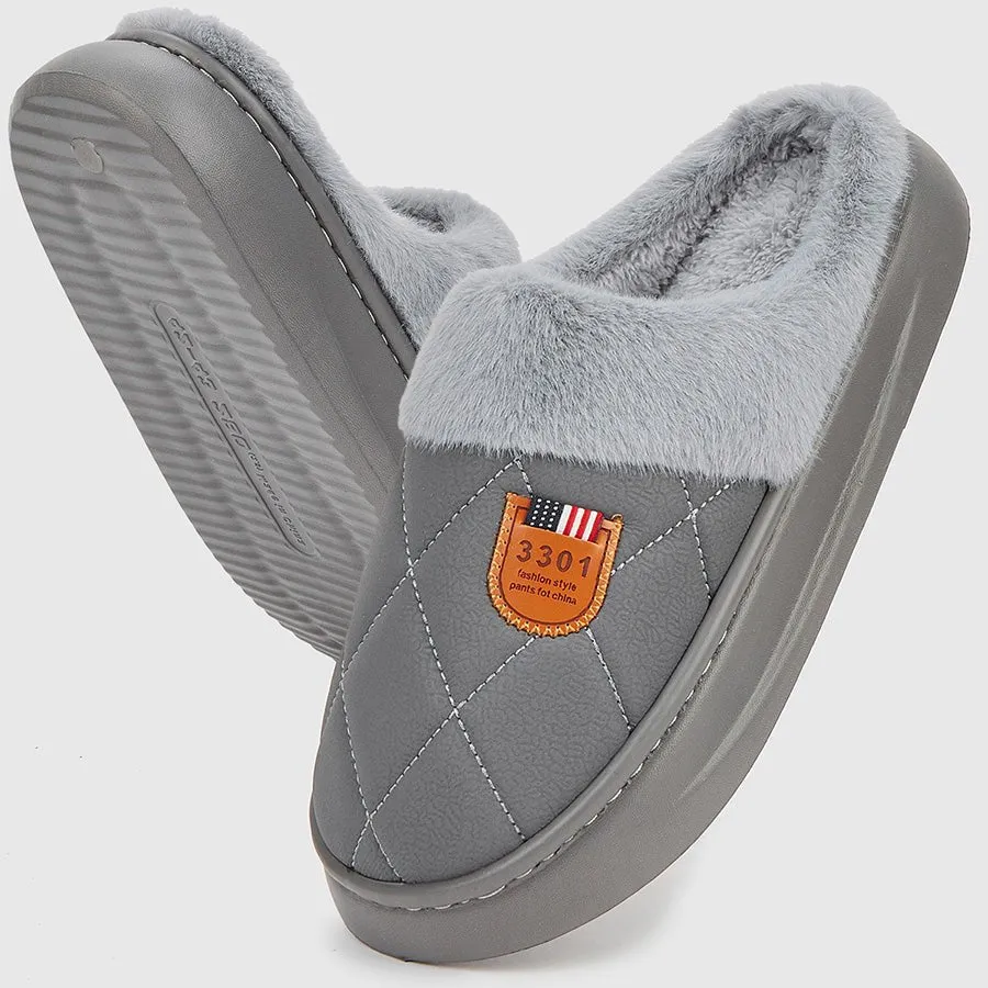 Fashion Mens Slippers With Plaid Faux Fur Collar