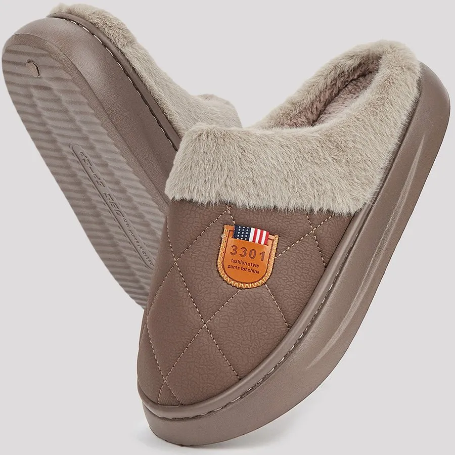 Fashion Mens Slippers With Plaid Faux Fur Collar
