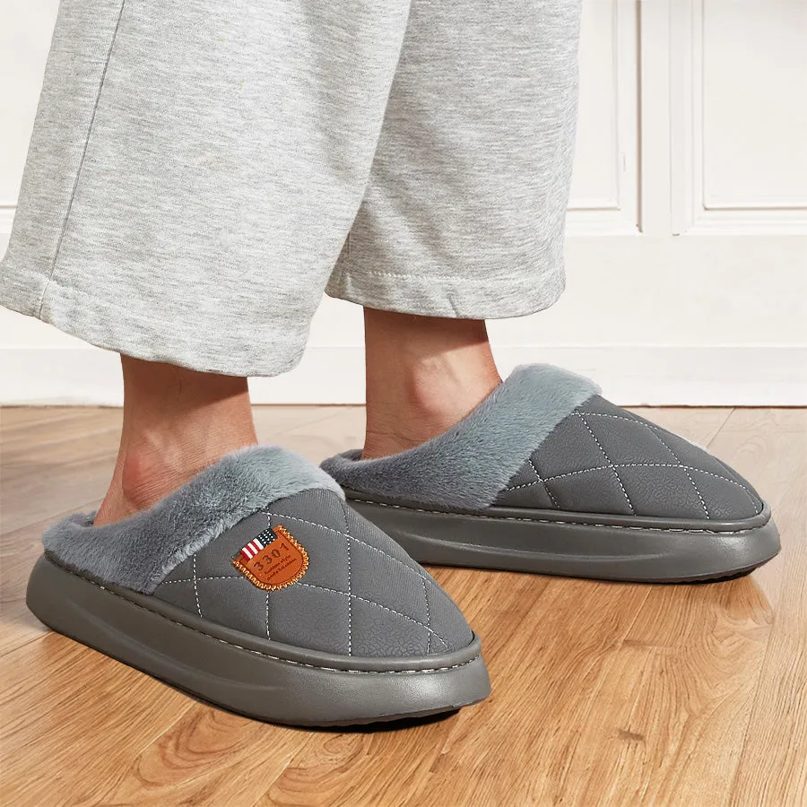 Fashion Mens Slippers With Plaid Faux Fur Collar