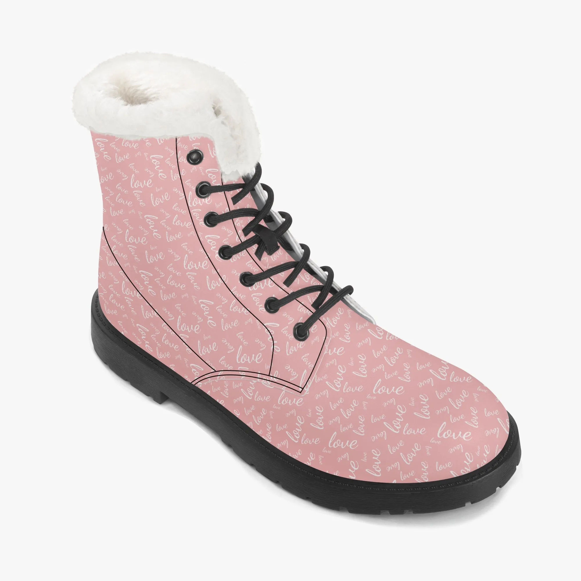 Faux Fur Leather Boots Love Pink