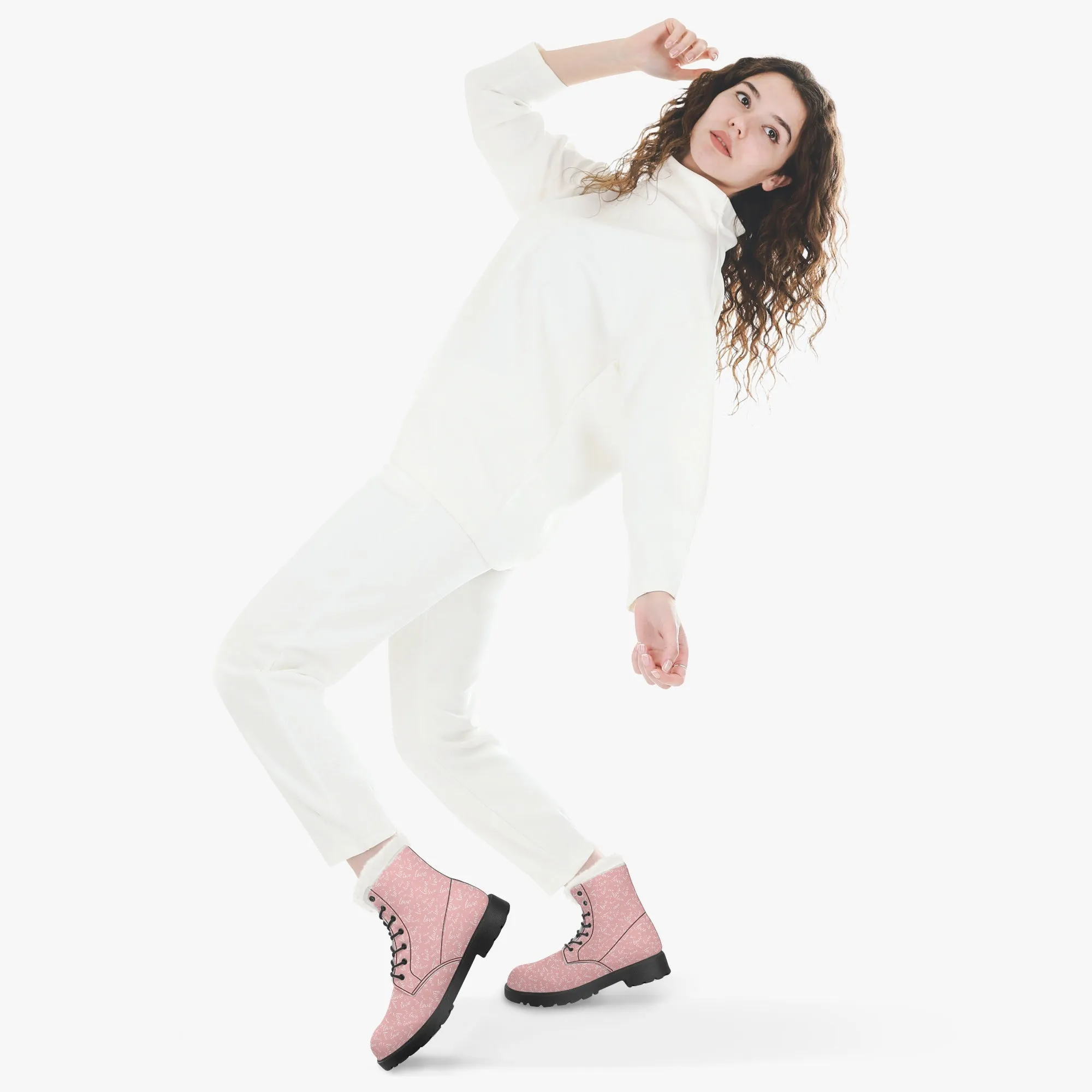 Faux Fur Leather Boots Love Pink