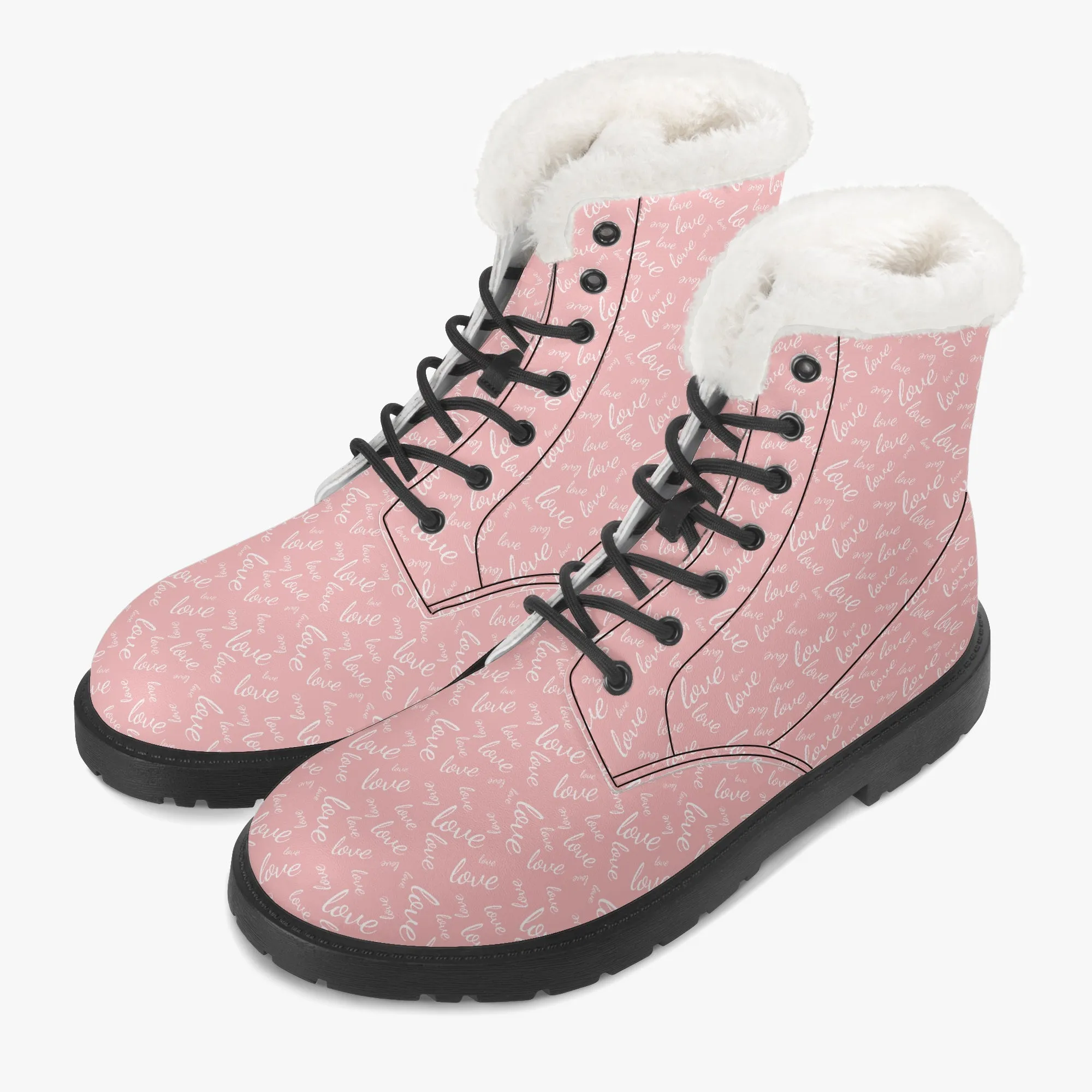 Faux Fur Leather Boots Love Pink