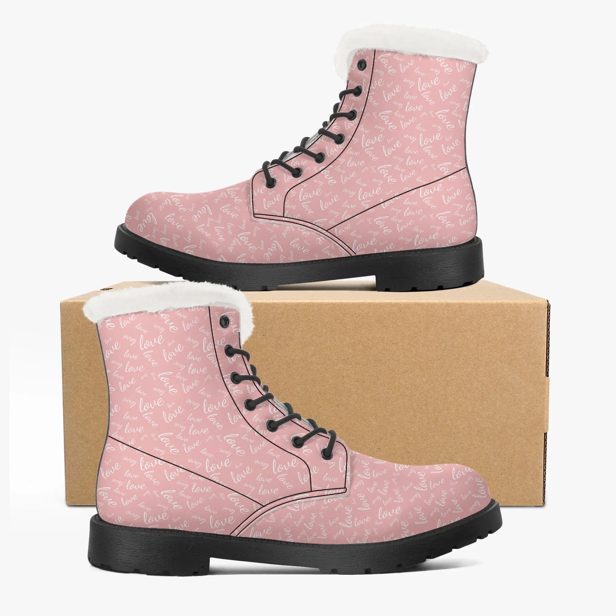 Faux Fur Leather Boots Love Pink