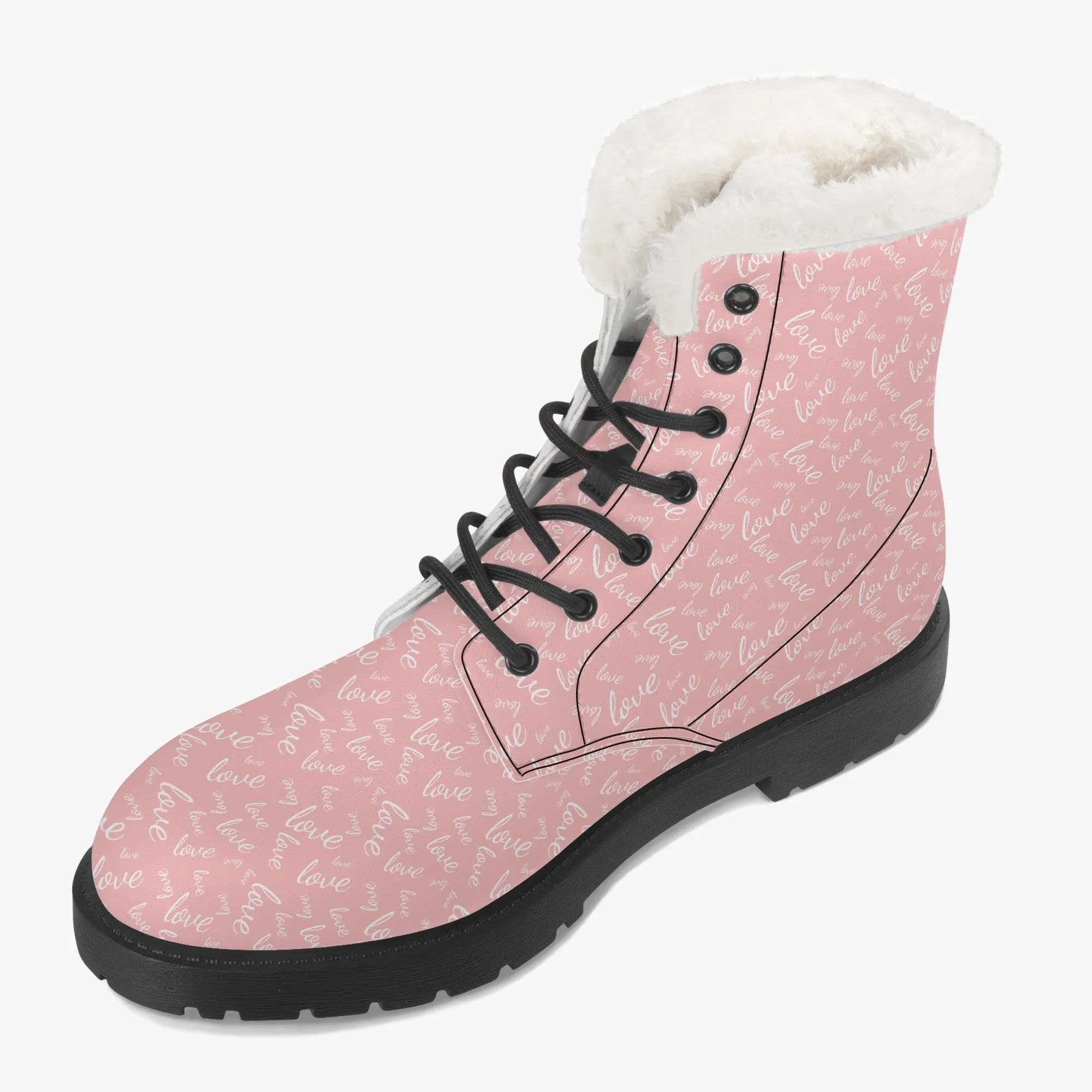 Faux Fur Leather Boots Love Pink