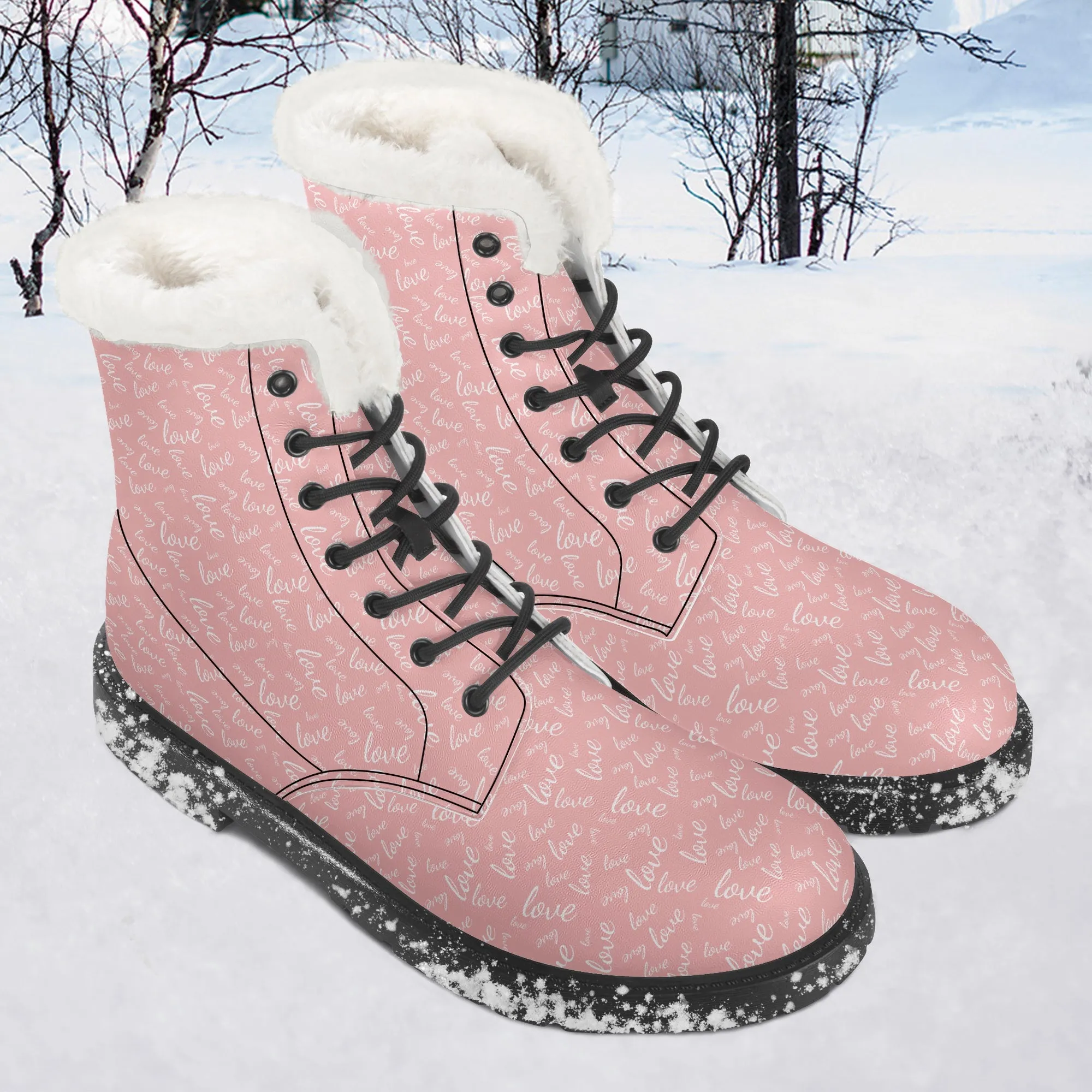Faux Fur Leather Boots Love Pink
