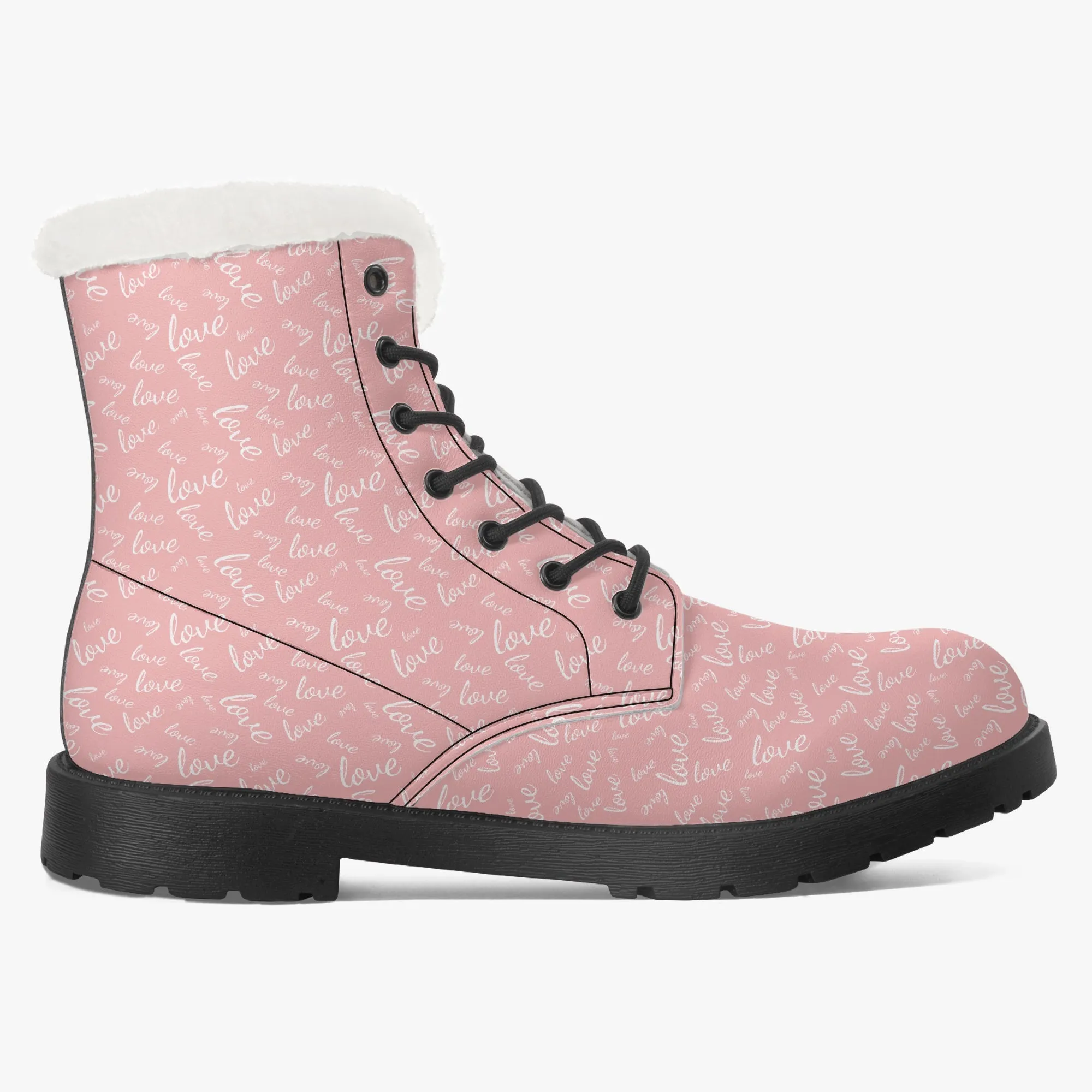 Faux Fur Leather Boots Love Pink