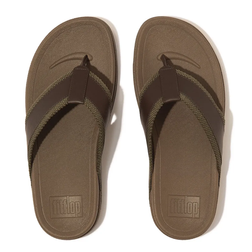 Fitflop Surfers Webbing/Leather Toe Post Mens Sandals Dark Olive