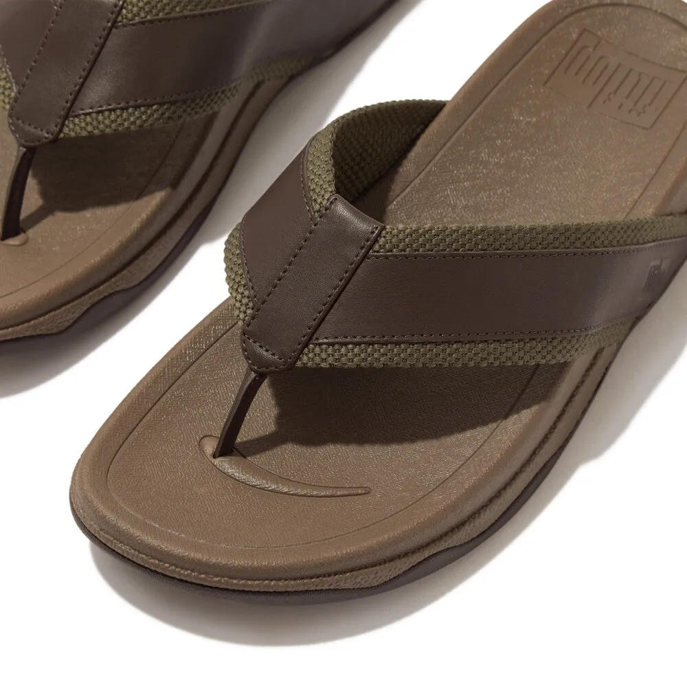 Fitflop Surfers Webbing/Leather Toe Post Mens Sandals Dark Olive