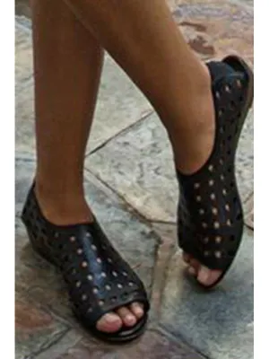 Hollow Out Plain Flat Peep Toe Casual Flat Sandals