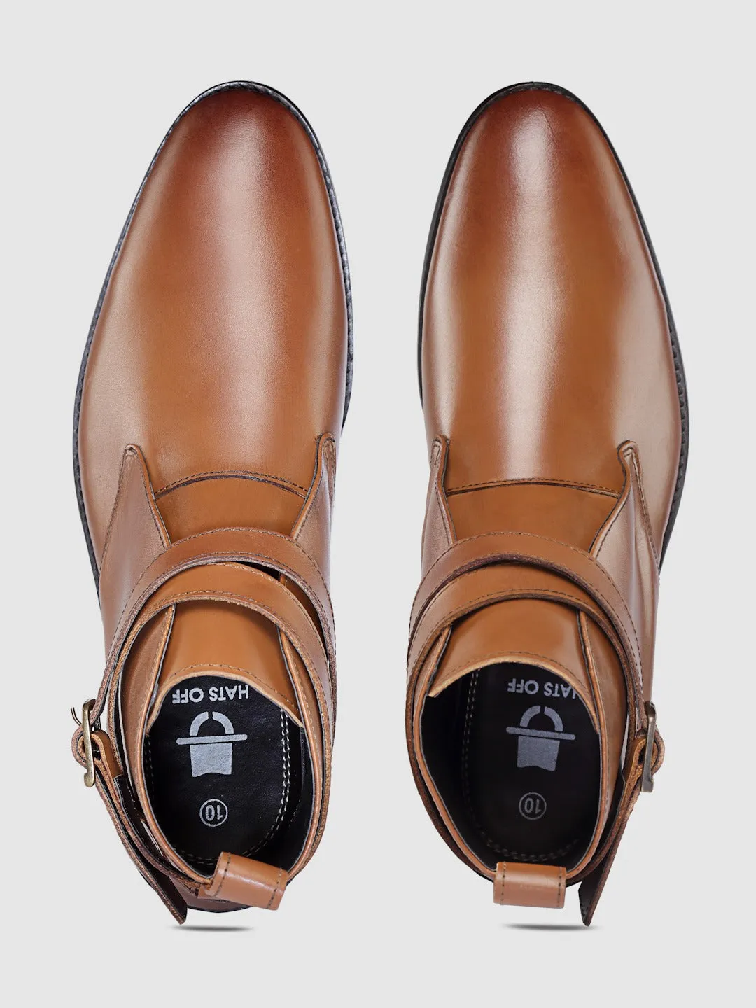Mid Top Block-Heel Tan Leather Regular Boots With Buckle