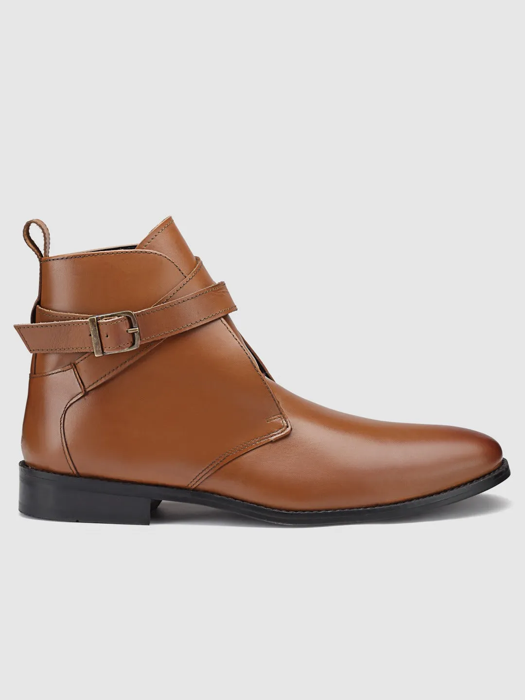 Mid Top Block-Heel Tan Leather Regular Boots With Buckle