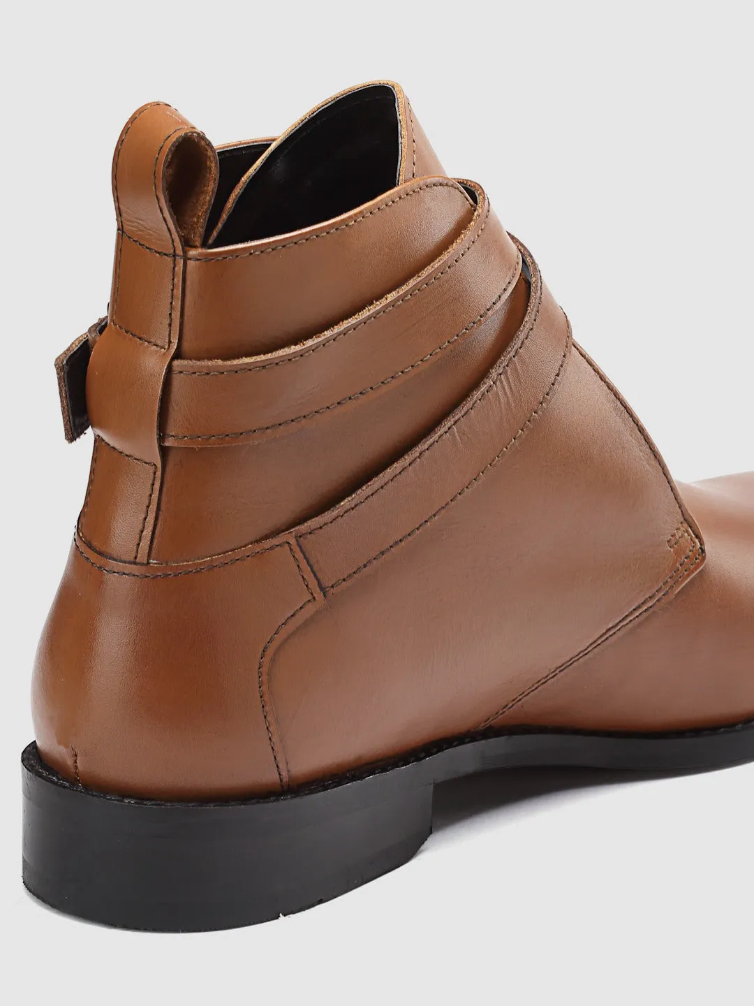 Mid Top Block-Heel Tan Leather Regular Boots With Buckle