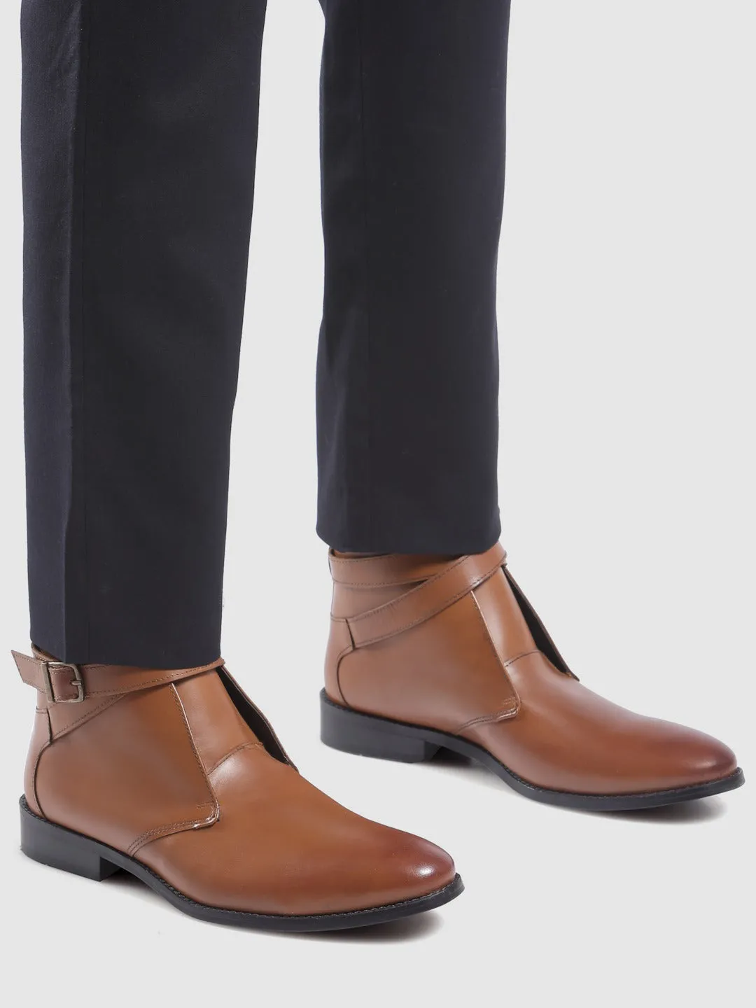 Mid Top Block-Heel Tan Leather Regular Boots With Buckle