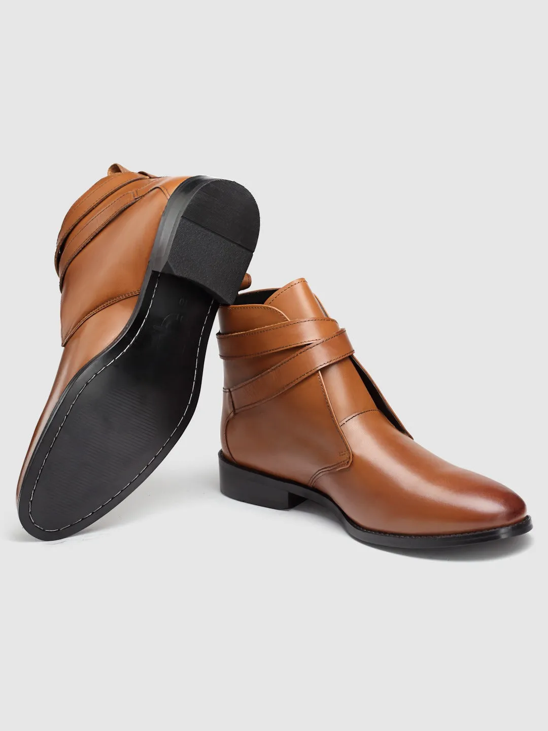 Mid Top Block-Heel Tan Leather Regular Boots With Buckle
