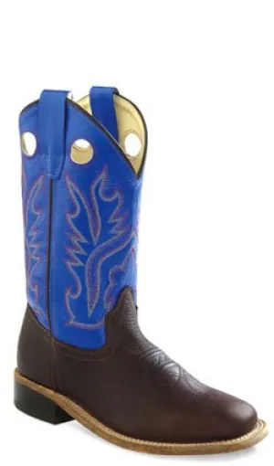 Old West Blue Youth Boys Carona Leather Broad Square Toe Cowboy Boots 7 D