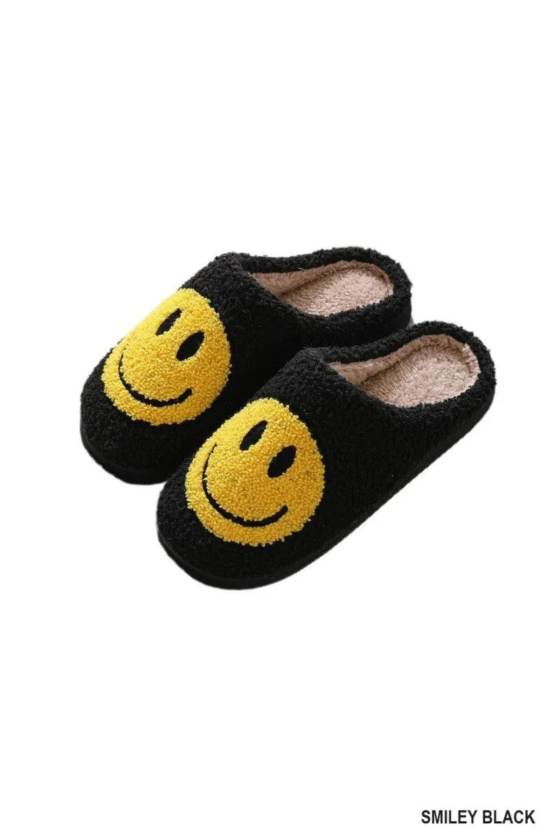 Smiley Black Soft Plush Slippers