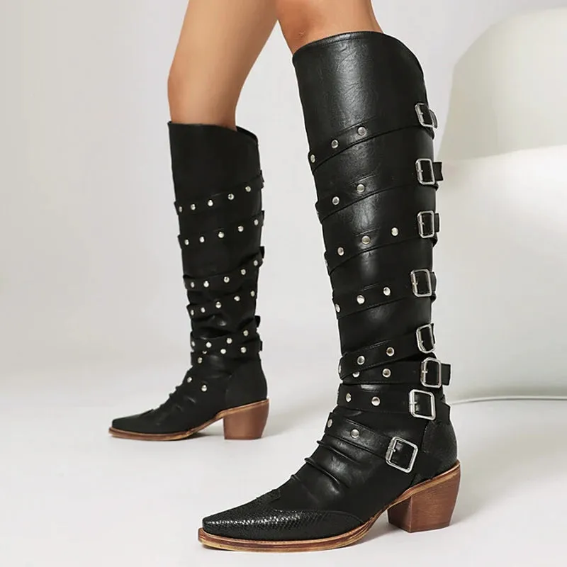 Trend4us Women's Stylish Western Knee-High Buckles Boots