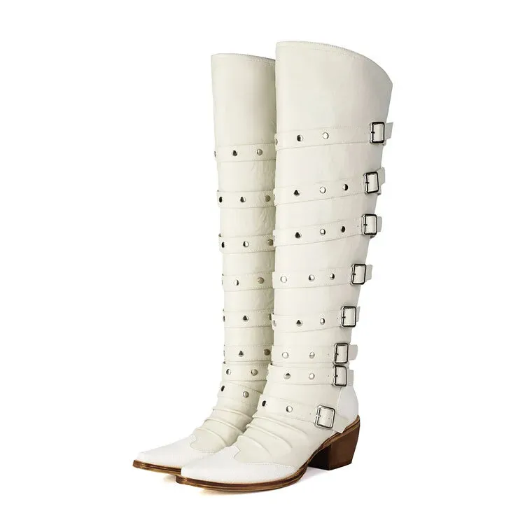 Trend4us Women's Stylish Western Knee-High Buckles Boots