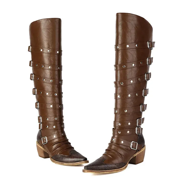 Trend4us Women's Stylish Western Knee-High Buckles Boots