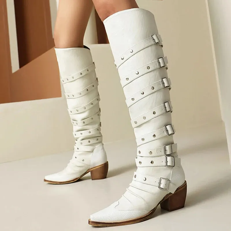 Trend4us Women's Stylish Western Knee-High Buckles Boots