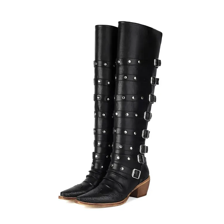 Trend4us Women's Stylish Western Knee-High Buckles Boots