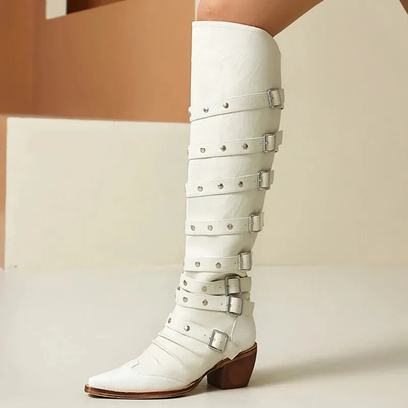 Trend4us Women's Stylish Western Knee-High Buckles Boots