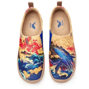 Women's Foldable Loafers, The Great Wave Painted Canvas Slip-On Sneakers