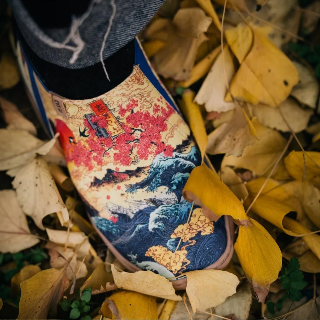 Women's Foldable Loafers, The Great Wave Painted Canvas Slip-On Sneakers