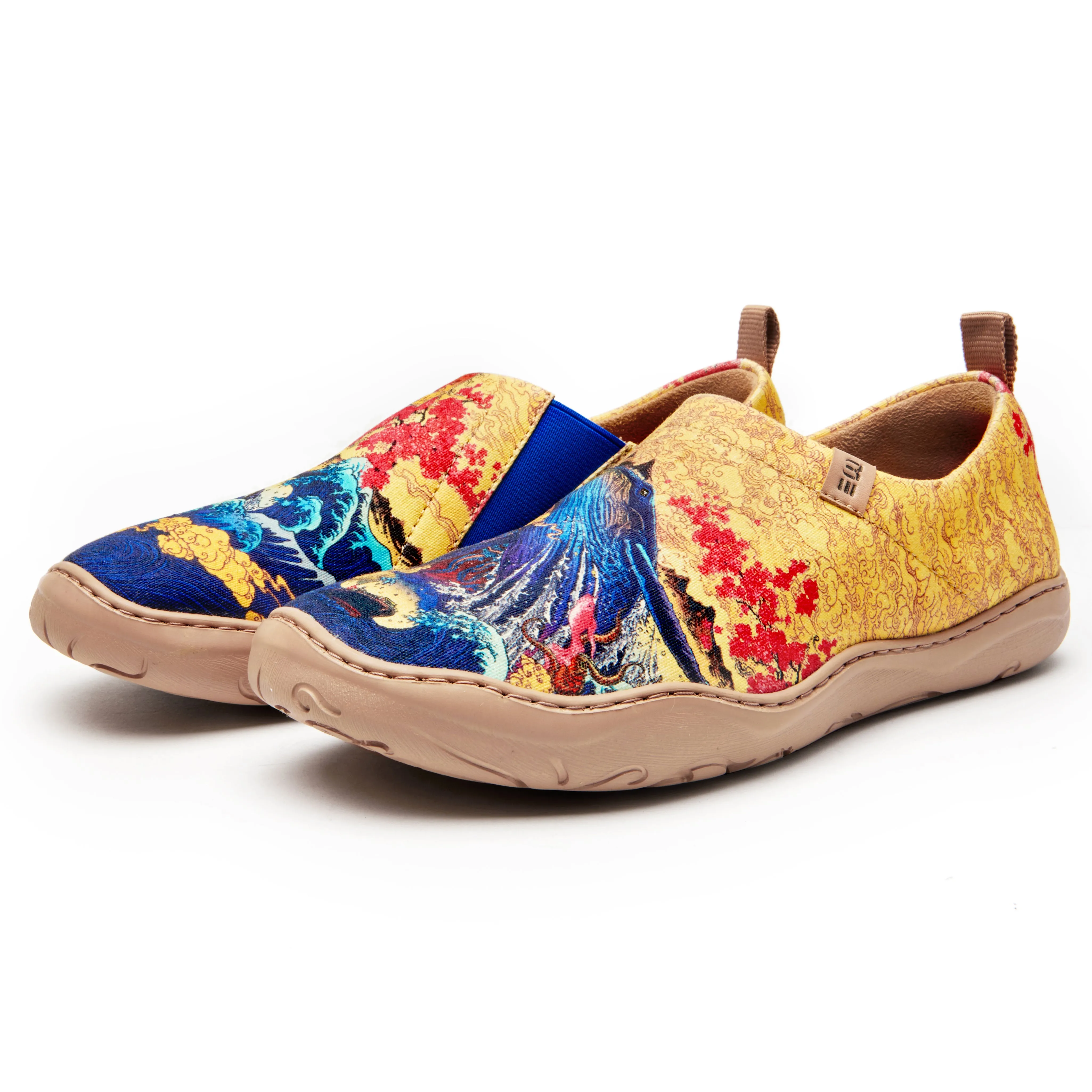 Women's Foldable Loafers, The Great Wave Painted Canvas Slip-On Sneakers