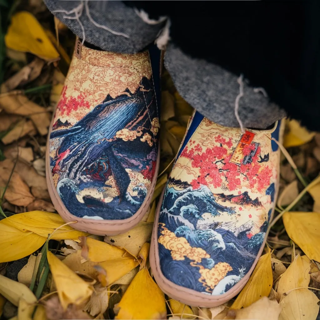 Women's Foldable Loafers, The Great Wave Painted Canvas Slip-On Sneakers