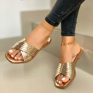Women's sequin criss cross peep toe slide sandals