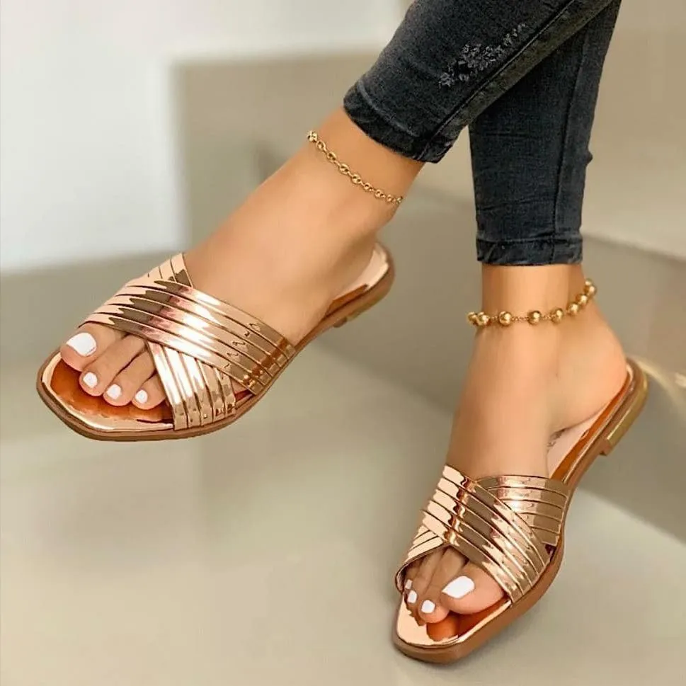 Women's sequin criss cross peep toe slide sandals