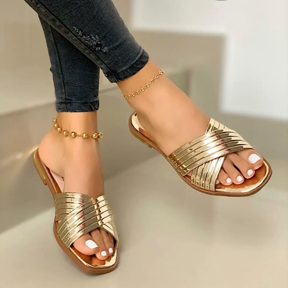 Women's sequin criss cross peep toe slide sandals