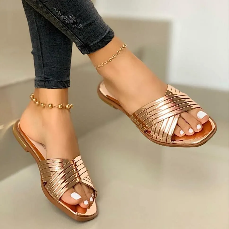 Women's sequin criss cross peep toe slide sandals